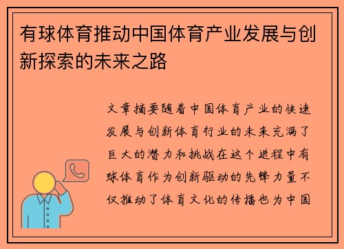 有球体育推动中国体育产业发展与创新探索的未来之路